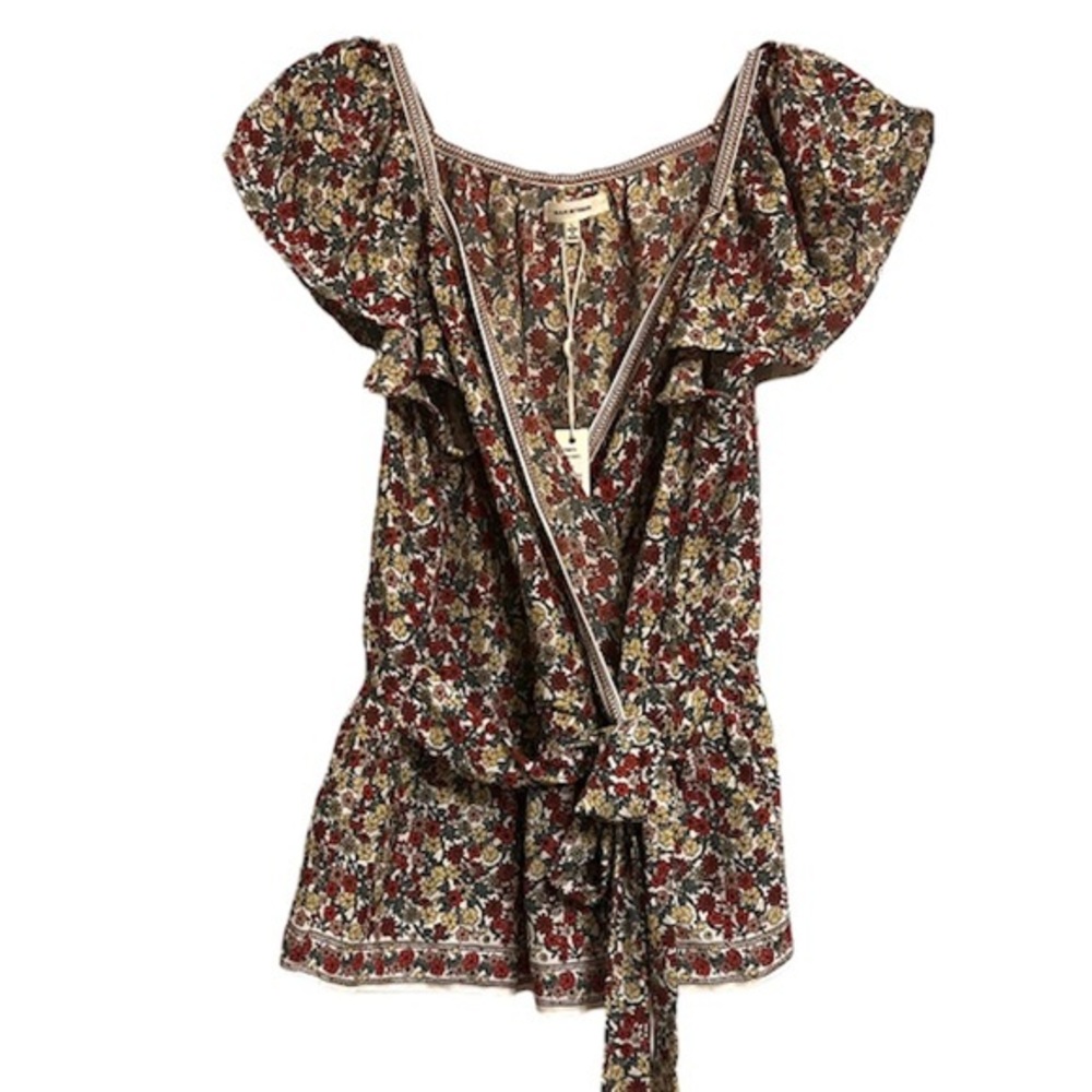 Max Studio Peplum Top Crossover Embroidery Trim Ruffle Sleeve Blouse New w tags